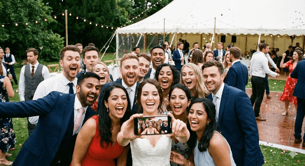 Wedding guests finding their seats and capturing video memories